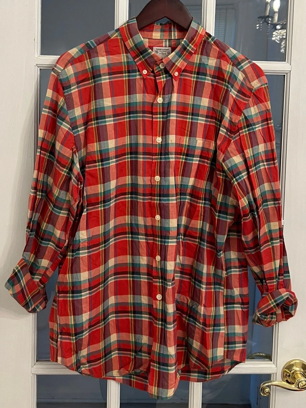 J. CREW Men’s Red Long Sleeve Button Down Summer Plaid Shirt Size L